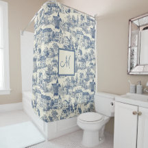 Scène de village chic bleu Toile de Jouy