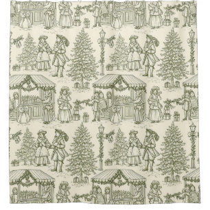 Rideaux De Douche Scène de village de Noël vintage toile verte