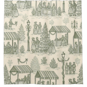 Rideaux De Douche Scène de village de Noël vintage toile verte (2)