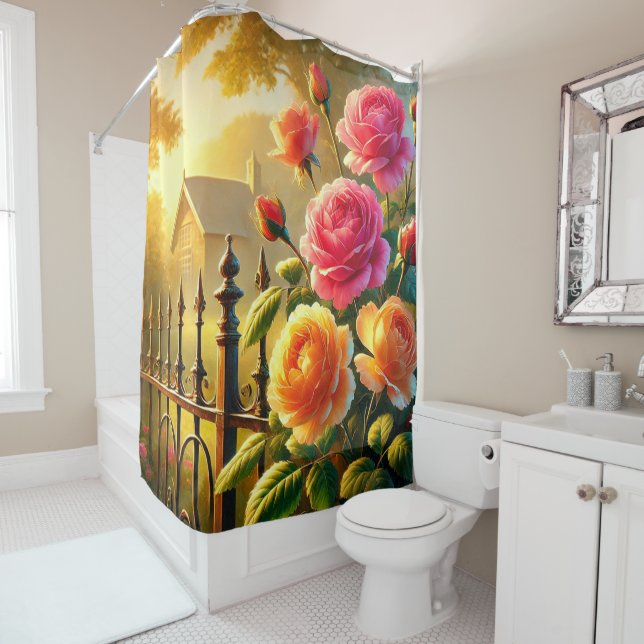 Rideaux De Douche Scène du jardin de roses radieuses (En situation)