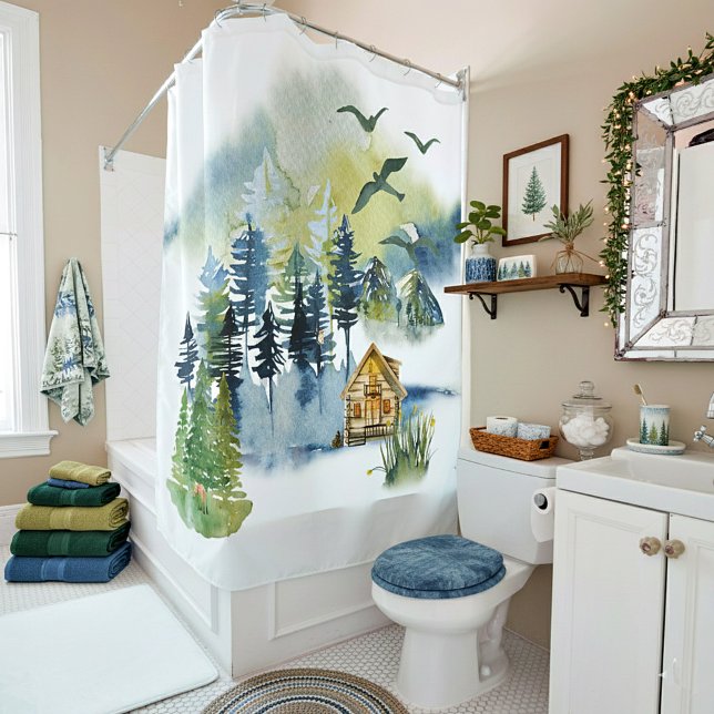Rideaux De Douche Scène forestière à l'aquarelle (Créateur téléchargé)