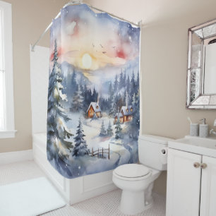 Rideaux De Douche Scène hivernale rustique Chimney Smoke Snow Trees
