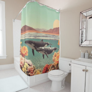 Rideaux De Douche Scène océanique surréaliste avec baleines et corai