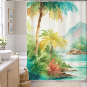 Rideaux De Douche Scène tropicale d'île à l'aquarelle impressionnist