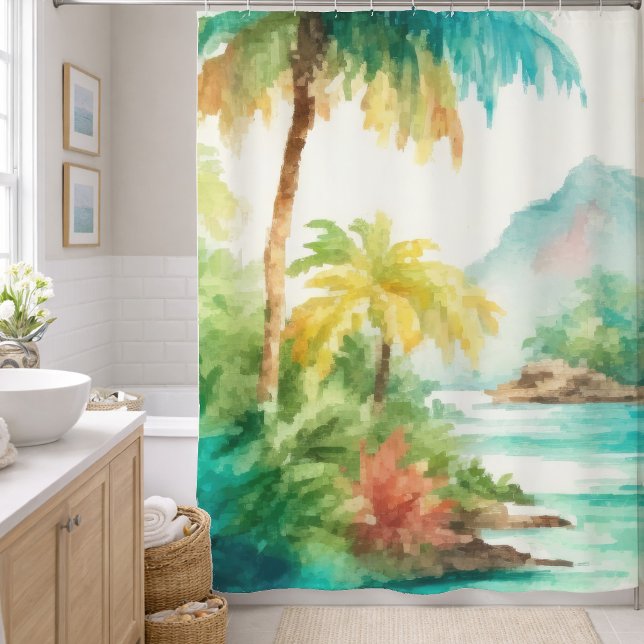 Rideaux De Douche Scène tropicale d'île à l'aquarelle impressionnist (Créateur téléchargé)