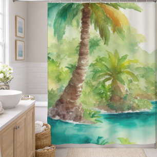 Rideaux De Douche Scène tropicale d'île à l'aquarelle impressionnist