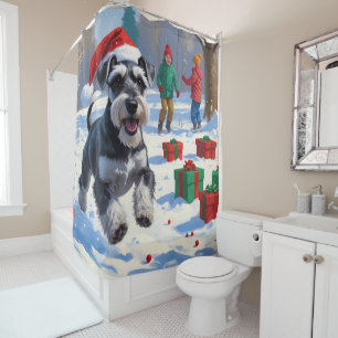 Rideaux De Douche Schnauzer courant dans la neige avec un chapeau de