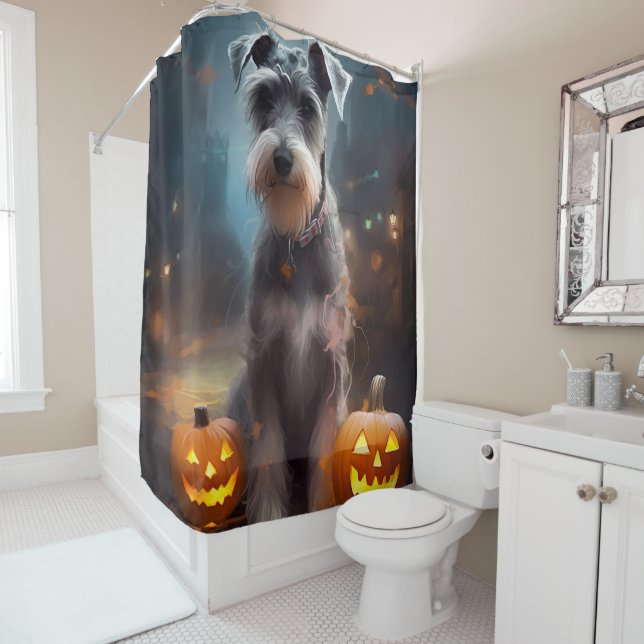 Rideaux De Douche Schnauzer Halloween avec citrouilles effrayant (En situation)
