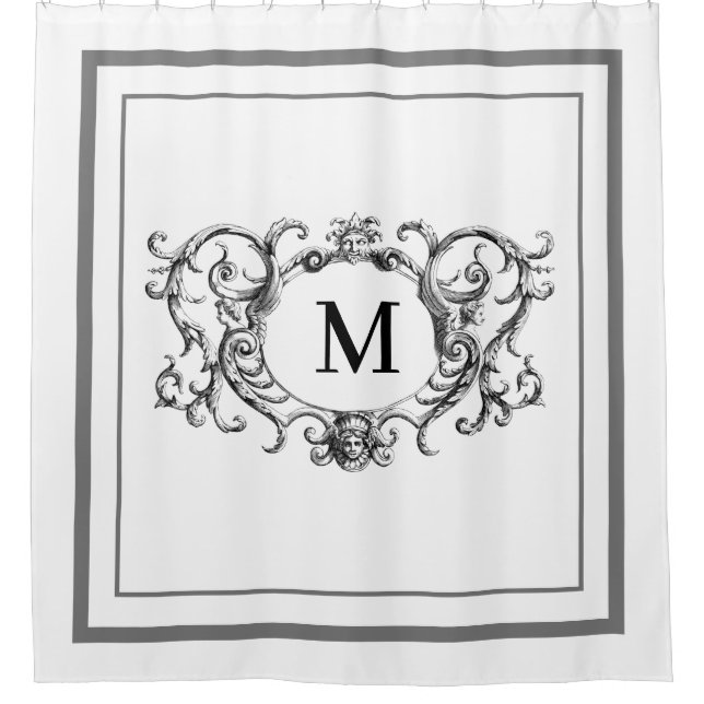 Rideaux De Douche Script de bordure gris classique Monogramme Douche (Devant)