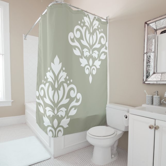 Rideaux De Douche Scroll Damask Art I White on Green (En situation)