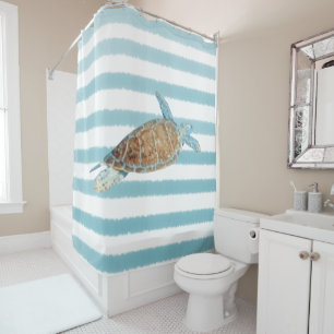 Rideaux De Douche Sea Turtle Art Blue Stripes