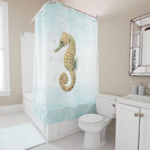 Rideaux De Douche Seahorse Turquoise & Gold Watercolor Plage côtière