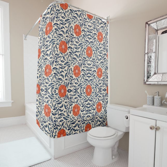 Rideaux De Douche Seamless floral pattern with vibrant orange flower (En situation)