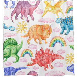 Rideaux De Douche Seamless pattern depicting colored dinosaurs, rain