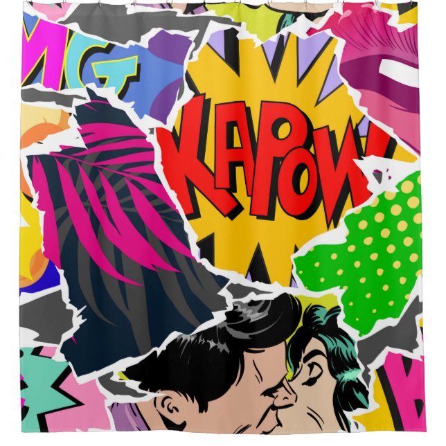 Rideaux De Douche Seamless pattern pop art comics style. Collage of  (Devant)