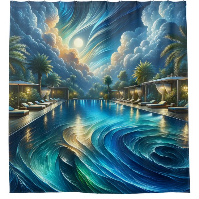 Rideaux De Douche "Serene Night Pool Scene - Vibrant Art Extérieur" (Devant)