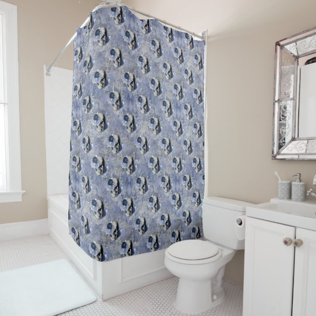 Rideaux De Douche Série Crâne Floral Bleu Design 2  (En situation)