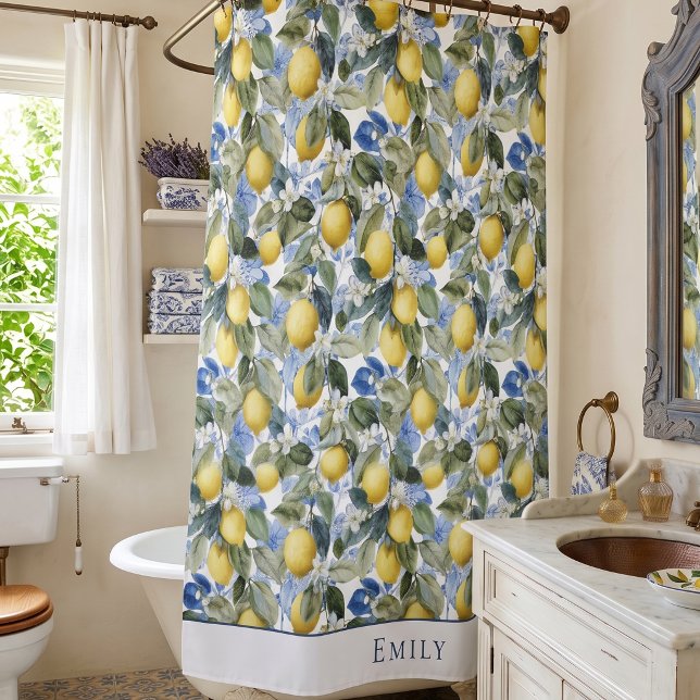 Rideaux De Douche Serviette à monogramme botanique au citron (Créateur téléchargé)