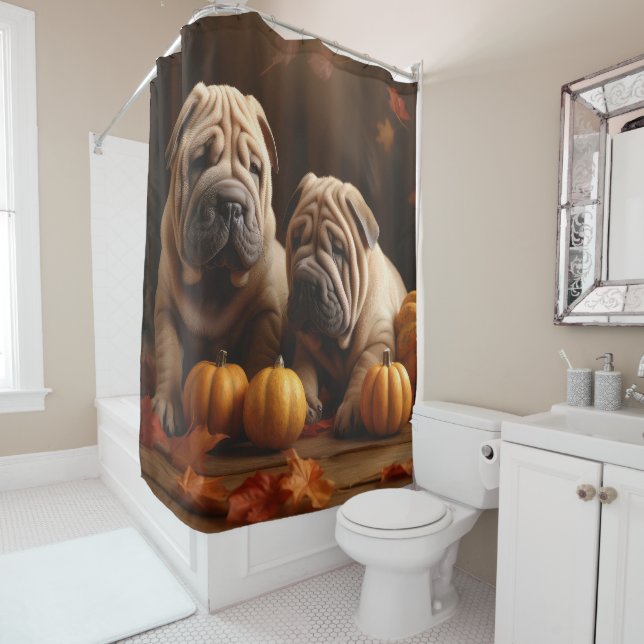 Rideaux De Douche Shar Pei Chiot Automne Citrouille de plaisir (En situation)