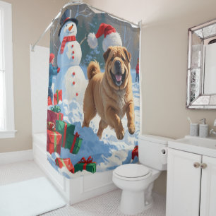 Rideaux De Douche Shar Pei courant dans la neige avec un chapeau de