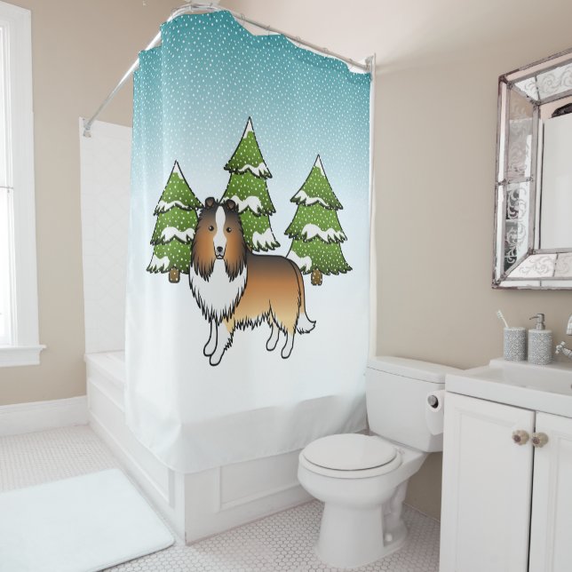 Rideaux De Douche Shetland Sheepdog Sable Dans Une Forêt D'Hiver (En situation)