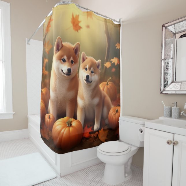Rideaux De Douche Shiba Inu Chiot Automne Citrouille de plaisir (En situation)