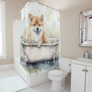 Rideaux De Douche Shiba Inu Dans La Baignoire Aquarelle Chien Art