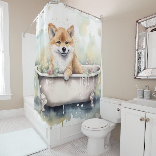 Rideaux De Douche Shiba Inu Dans La Baignoire Aquarelle Chien Art (En situation)