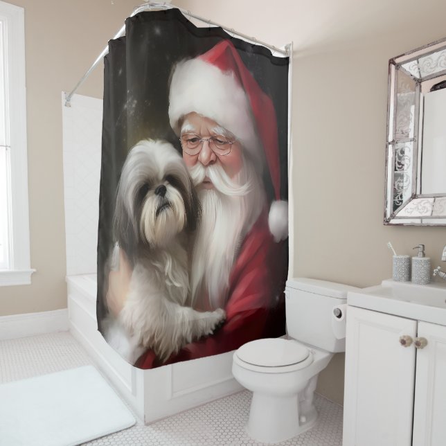 Rideaux De Douche Shih Tzu Avec Noël Festif Du Père Noël (En situation)