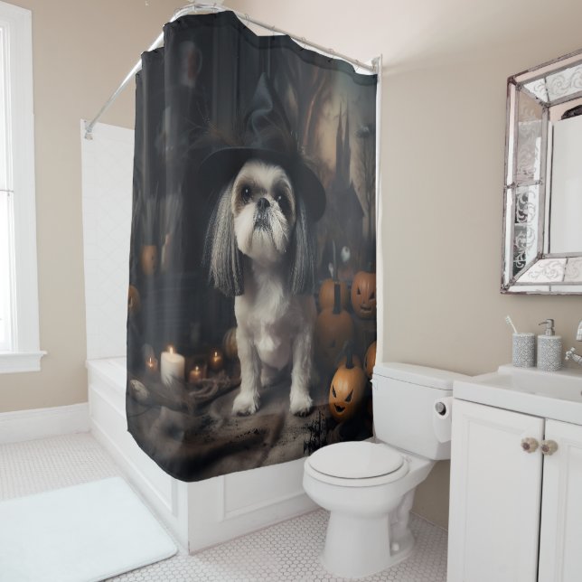 Rideaux De Douche Shih Tzu Citrouilles Halloween effrayant (En situation)