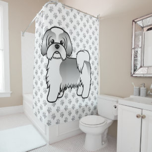 Rideaux De Douche Shih Tzu de dessin animé mignon argent et blanc