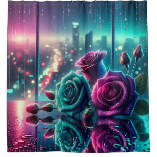 Rideaux De Douche "Shimmering Raindrop Rose Cityscape Bokeh Art"