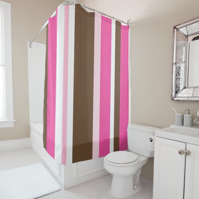 Rideaux De Douche Shower Curtain Neutral Brown & Pink Stripe  (En situation)