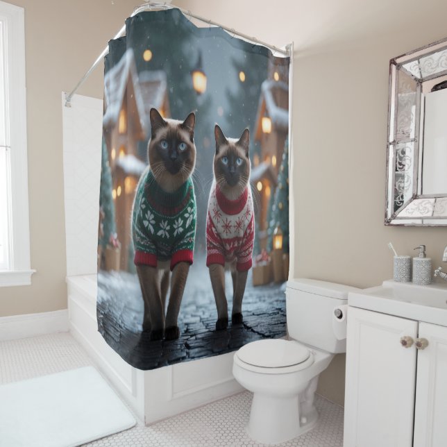 Rideaux De Douche Siamese Cats Christmas Snow Holiday (En situation)