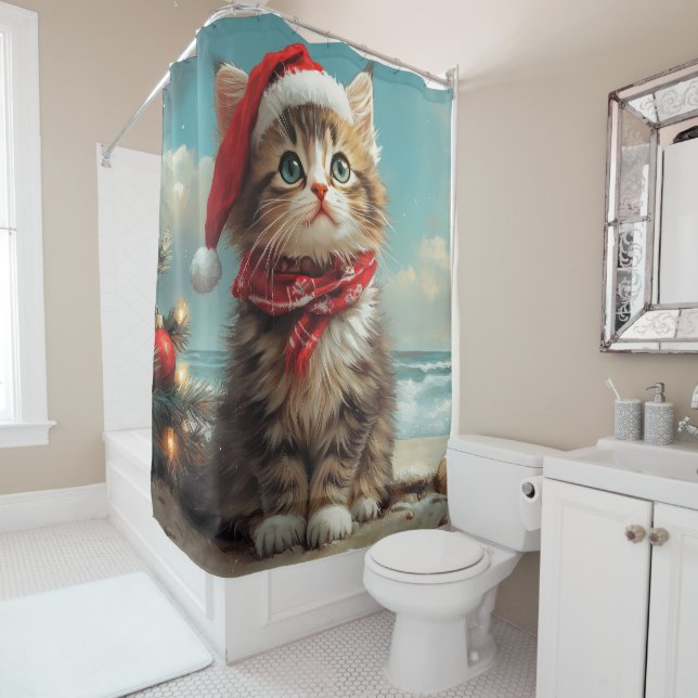 Rideaux De Douche Sibérie Chat Noël Plage Vintage (En situation)