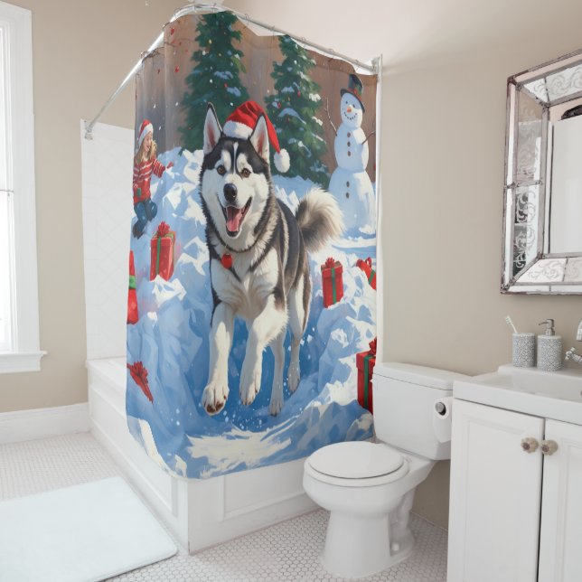 Rideaux De Douche Sibérie Husky Courir en neige avec Casquette de No (En situation)
