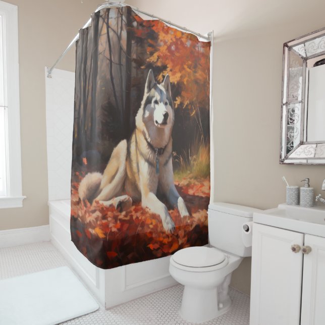 Rideaux De Douche Sibérie Husky en automne Feuilles automne Inspire  (En situation)