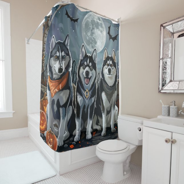 Rideaux De Douche Sibérie Husky Halloween Éffrayant (En situation)