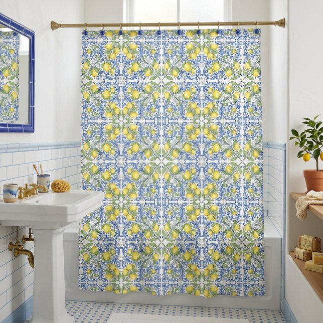 Rideaux De Douche Sicilian Lemon Blue Majolica Tile Shower Curtain (Sicilian Lemon Blue Majolica Tile Shower Curtain)
