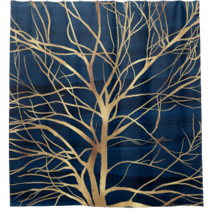 Rideaux De Douche Silhouette Arbre d'Or moderne Design bleu minimal