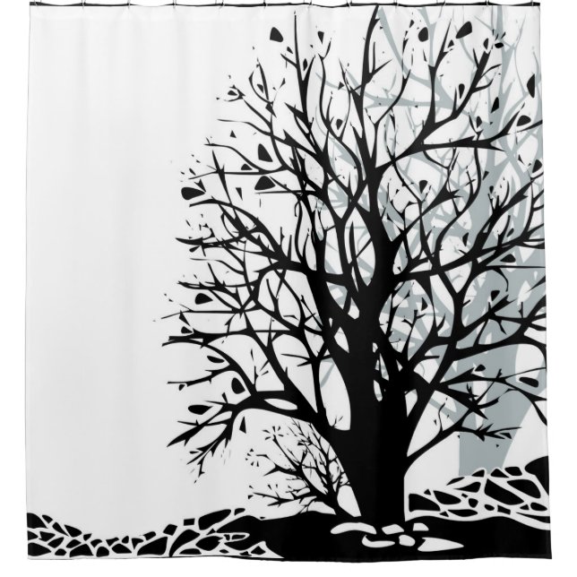 Rideaux De Douche Silhouette d'arbre noir moderne abstrait ombre bla (Devant)