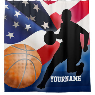 Rideaux De Douche Silhouette de joueur de basket avec le drapeau