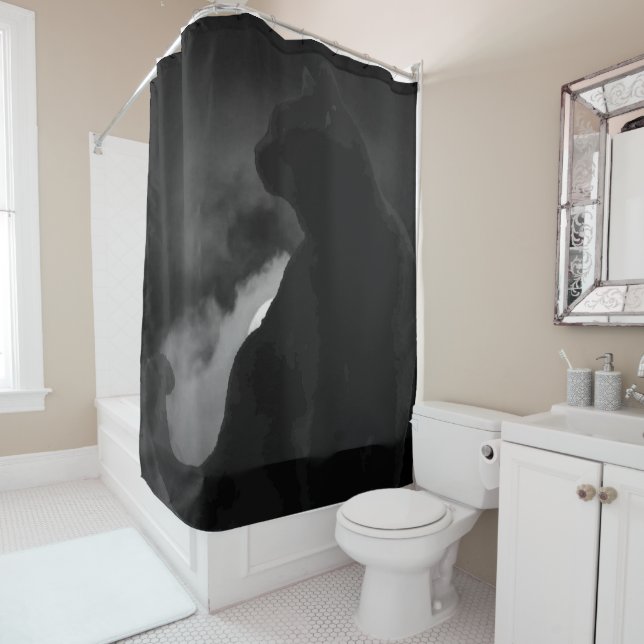 Rideaux De Douche Silhouette de lune de chats noirs (En situation)