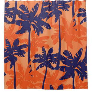 Rideaux De Douche Silhouette de palmier bleu, arrière - plan orange