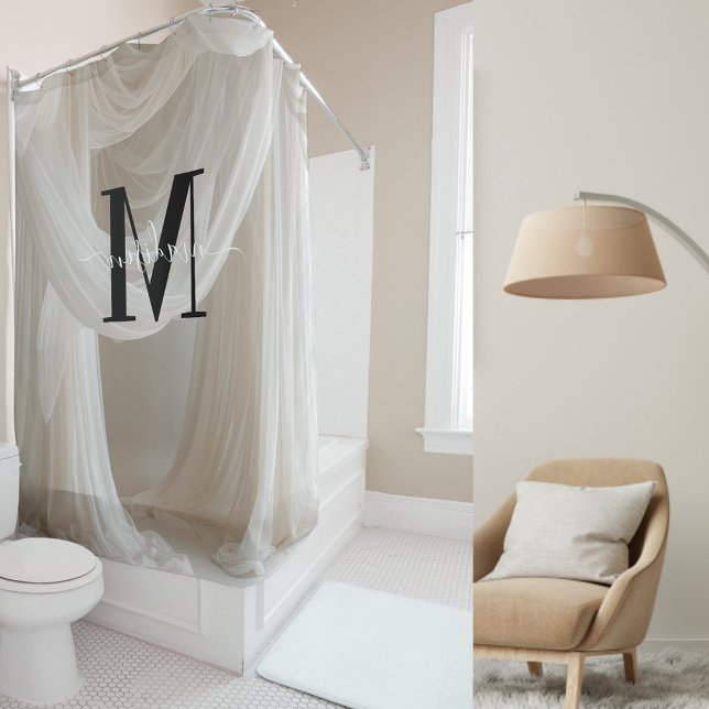 Rideaux De Douche Silice blanc Noir Gras Monogramme Mariage de scrip (Créateur téléchargé)