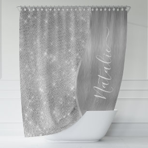 Rideaux De Douche Silver Glitter Glam Bling Personalized