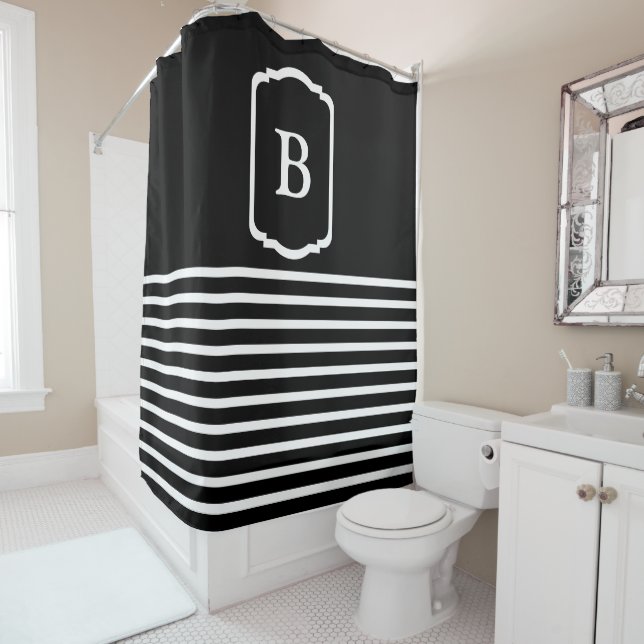 Rideaux De Douche Simple Black and White Horizontal Stripes Monogram (En situation)