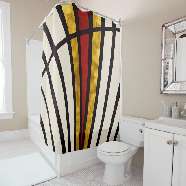 Rideaux De Douche Simple, moderne, lignes, or, rouge, crème (En situation)