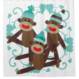 Rideaux De Douche Singes de chaussette avec les coeurs bleus