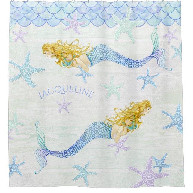 Rideaux De Douche Sirène dans Starfish Bois d'aquarelle (Devant)